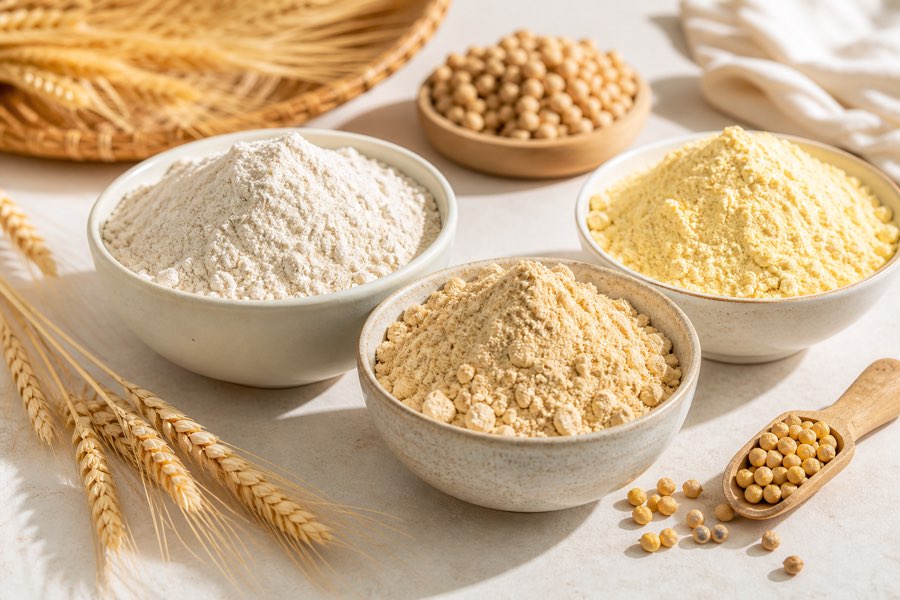 Atta, sattu and besan in bowls
