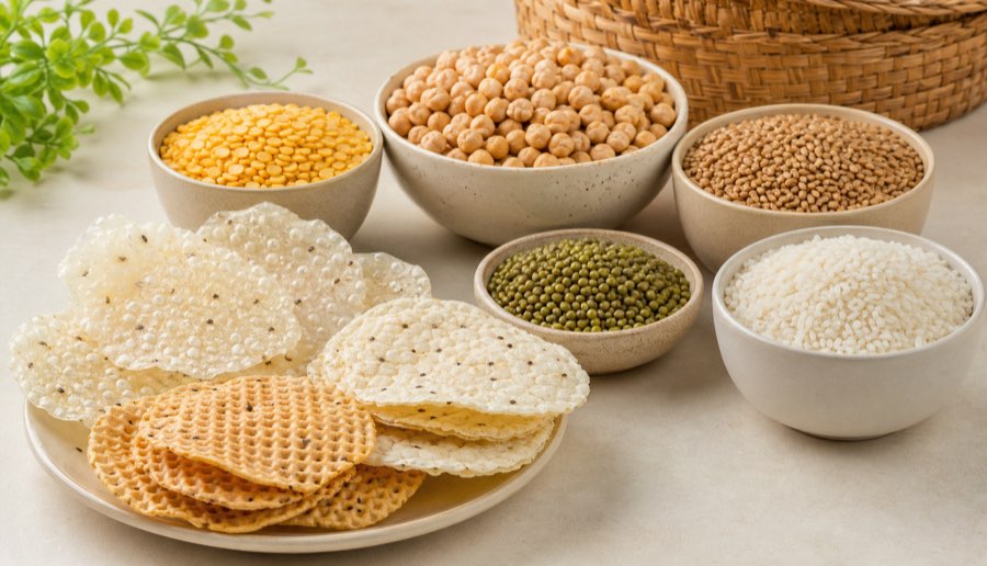 Pulses, grains, adauri, tilauri and papad