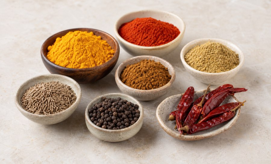 Indian spices including turmeric, chilli, cumin and garam masala